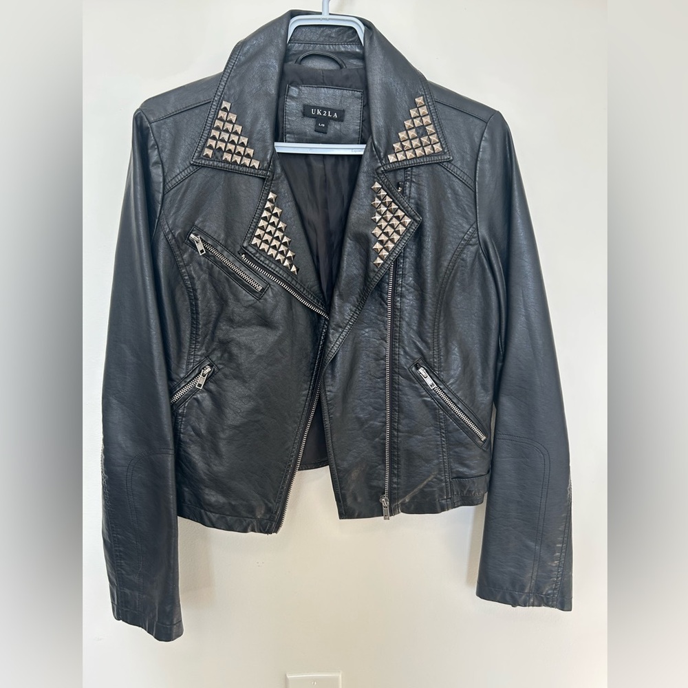 UK2LA Black Leather Jacket with Gold Studs